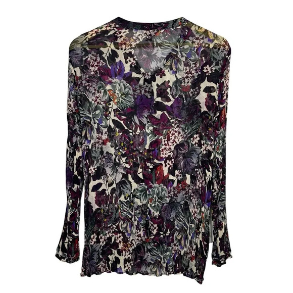 Lucky Brand Silk Floral Sheer Tunic Top Size L Multicolor Lace Up - Picture 2 of 6